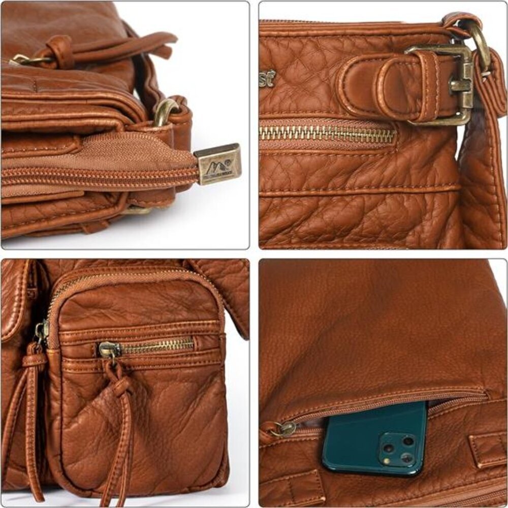 Crossbody Bag for Women Soft Washed Leather Multi Pocket Shoulder Purses - Picture 5 of 7